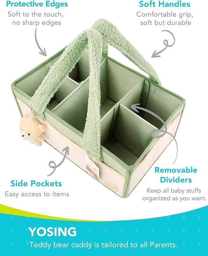 YOSING Diaper Caddy Organizer with 13 Pockets & Removable Dividers - Portable Baby Storage Basket for Nursery, Car Travel & Newborn Essentials, Green+ White