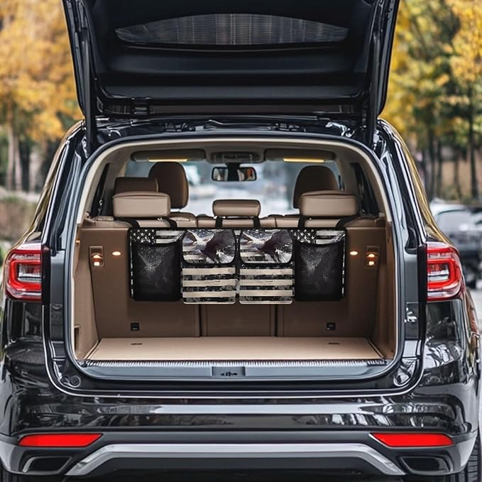 Hanging Organizer for Car Trunk American Flag Eagle Auto Back Seat Storage Bag with 2 Pockets 2 Mesh Pouches Collapsible Detachable Automotive Interior Accessories