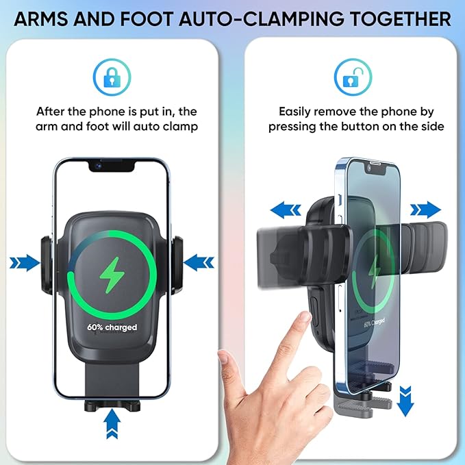 Wireless Car Charger, 15W Qi Fast Wireless Charging Phone Mount, Auto Clamping Air Vent Car Phone Holder for iPhone 14/13/12/11/X, Samsung Galaxy S22/S20/S10/S9/Note20/10/9, etc