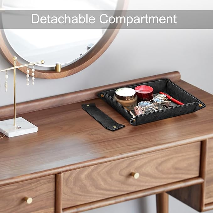 SITHON Valet Tray Desktop Storage Organizer, Removable 2 Compartments Catchall Tray Bedside Vanity Nightstand Caddy Holder Desk Storage Plate, Black