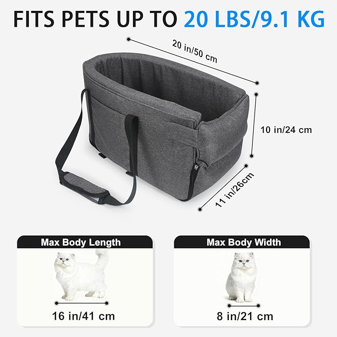Small Dog & Cat Car Seat, Detachable Seat, Console Fit, Adjustable Straps, Storage Pocket & Clip-On Leash - Ideal for Pets Under 15 lbs