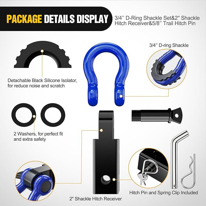 Nilight Shackle Hitch Receiver 2Inch 45000 LBs Breaking Strength 3/4" D Ring Trailer Pin Heavy Duty Solid Recovery Towing Kit for Trucks Jeeps Off-Road