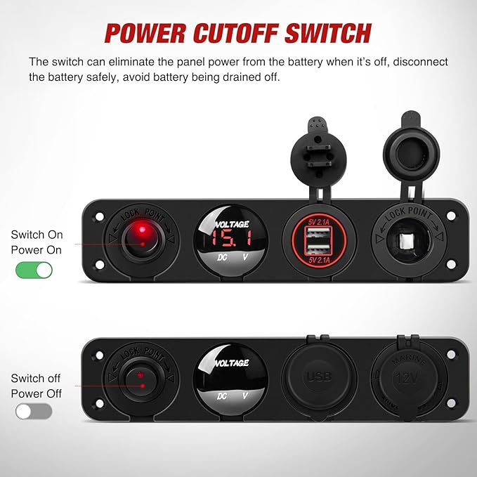Nilight 4 in 1 ON/Off Charger Socket Panel Dual USB Power Outlet LED Voltmeter Cigarette Lighter Socket Lighted ON Off Rocker Toggle Switch for Truck Car Marine Boats RV,2 Years Warranty