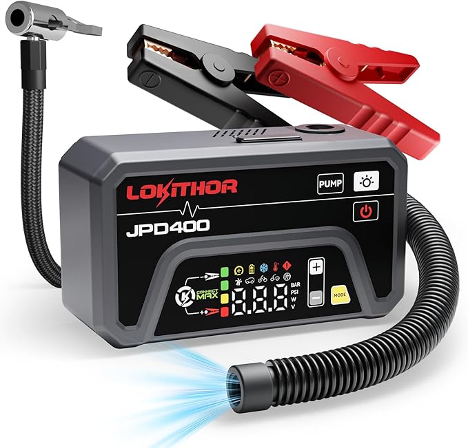 LOKITHOR JPD400 Jump Starter with Air Compressor and Deflator, 3000A Car Battery Jump Starter (9.0L Gas/7.0L Diesel) Jump Box with 150PSI Tire Inflator, 10000mAh Power Bank, LED Light, Jumper Cables