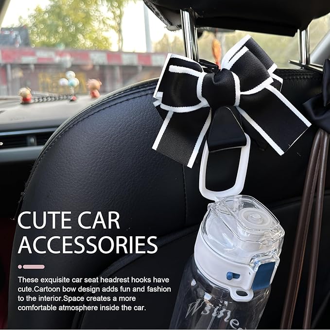 2PCS Car Seat Headrest Hooks, Car Purse Hooks, Cute Bow Shaped Auto Rear Seat Storage Hook Hanger for Purses and Bags, Auto Interior Decoration Accessory for SUV Sedan Truck (Black-White)