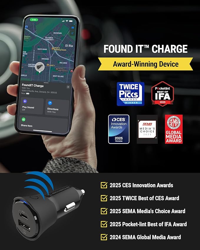 Scosche FoundIT Charge 32W Car Charger, Multi-Port Cigarette Lighter Adapter with 20W USB-C Fast Charging & 12W USB-A Port, Built-in Locator Compatible with Apple Find My & Android Find Hub