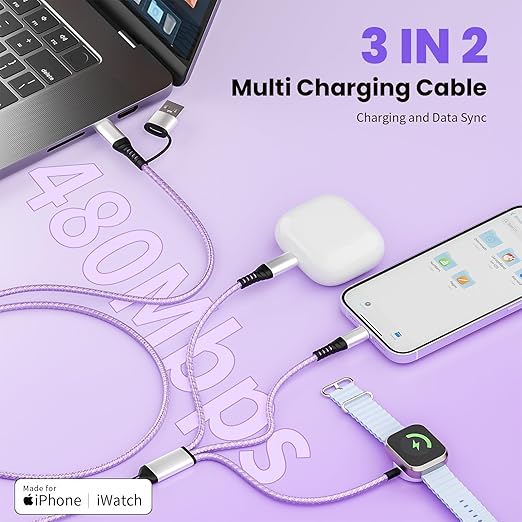 2Pack-5FT, Travel Essentials, Travel Charger for iPhone 17 and iWatch for Multiple Devices, Data Sync, 3 in 2 USB A/USB C Multi Charger with 3 Ports Compatible for iWatch/iPhone 17-6