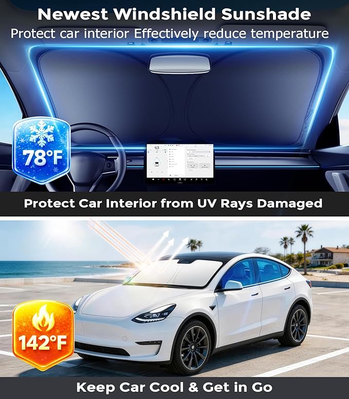 DMJN Front Windshield Sun Shade for Tesla New Model Y, Y & 3 (2017-2026), [Nano Ice-Crystal Coatings] UPF50+ Heat & UV Block, Protect Car Interior & Keep Cool, Flodable Steel-Ring Car Cover for Summer