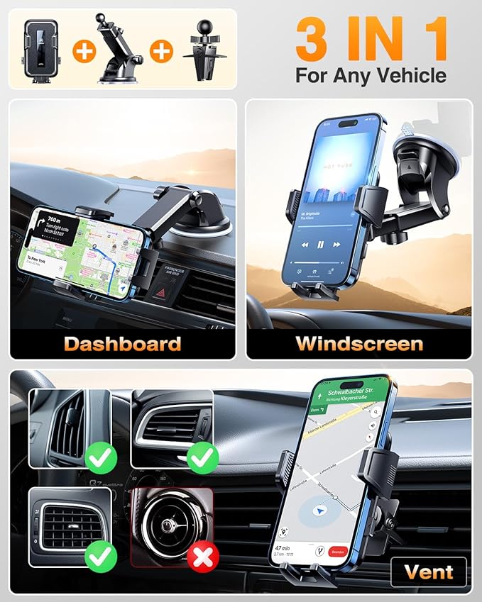 VANMASS 2026 Car Phone Holder【Military-Grade Strongest 90+LBS Suction】Phone Holder for Your Car Dashboard Windshield Vent Cell Phone Mount Truck Stand Cradle for iPhone 17 Pro Max 16 15 14 13 Android