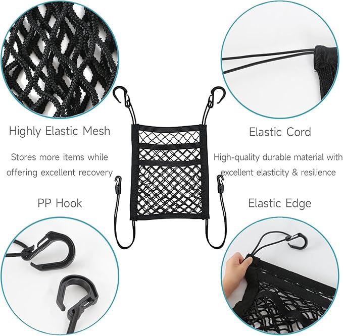 Dog Car Barrier Net with Storage Pockets Universal Adjustable 3-Layer Pet Cars Barrier with 4 Hooks for SUVs & Sedans Keep Pets Safe & Car Organized Cars Mesh Organizerm (S)