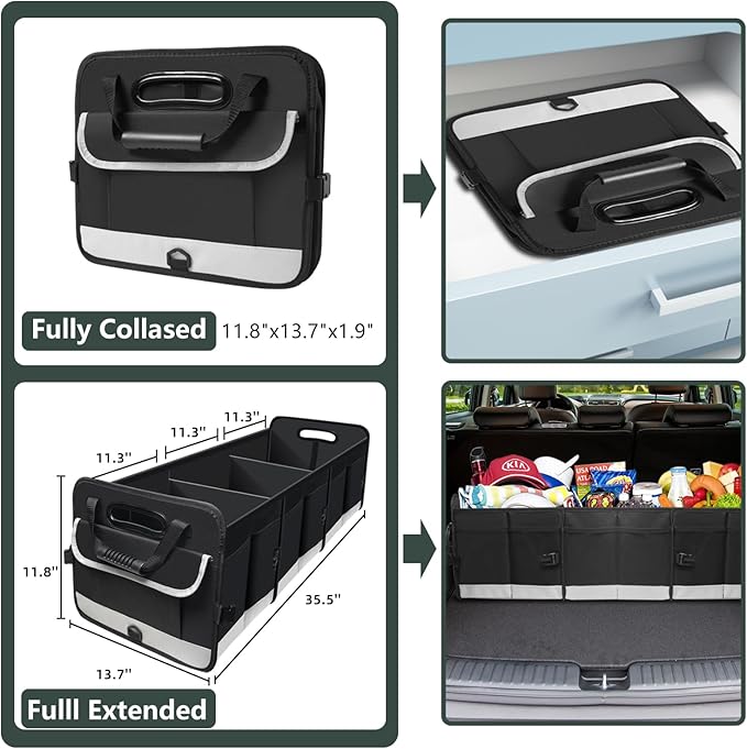 Trunk Organizer for Car, 95L Large Capacity Storage with Non-Slip Bottom Strips and 2 Retractable Straps, Cargo Organizer for Suv, Truck, Sedan, Waterproof Portable Car Organizers for Women Men
