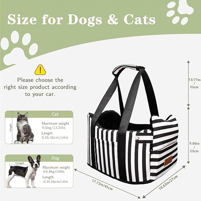 Cullaby Dog Car Seat for Small Dogs Under 15 lbs – Center Console Pet Carrier with Safety Belt, Storage Pockets, Removable Washable Cover – B&W Stripes, Secure & Comfortable for Small Puppies/Cats
