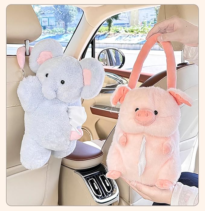 Tissue Box Cover Plush Tissue Box Holder for Car, Home, Decorative Holder/Organizer for Bathroom Vanity Countertop, Nightstands, Office Desk-Fuzzy Elephant