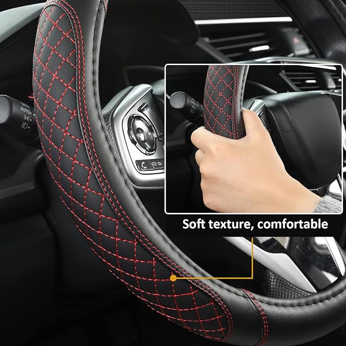 West Llama Customized Auto Car Steering Wheel Cover for Dodge 1989-2011 RAM 1500 2500 3500, Charger, Durango, Challenger (Diamond Quilted-Black+Red-Standard Size)