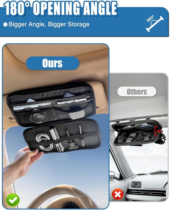 Molle Car Sun Visor Organizer - Tactical Storage Panel with 180° Zipper Pouch & Magnetic Glasses Clip & Photo Holder & Semi-Rigid Molle Panel for Military Gear (1, Camouflage)
