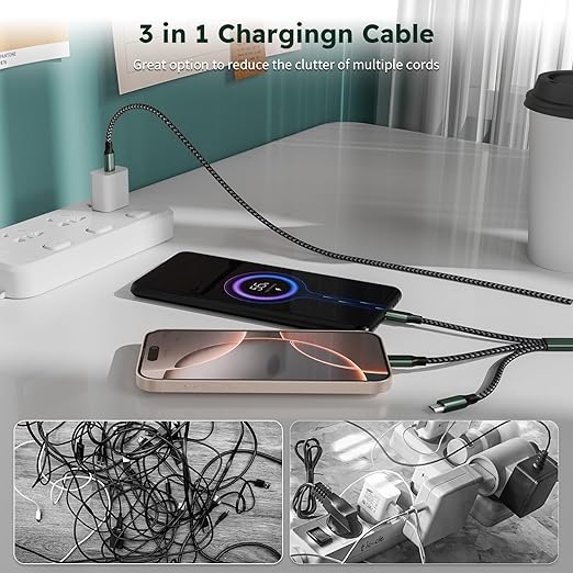 3 in 1 USB C to Multi Charging Cable, Travel Charger Cables for Multiple Devices, Universal Multiple Charger Cord with Type-C/IP/Micro Port for iPhone16/15/14/Cell Phones and More (2Packs 4FT)