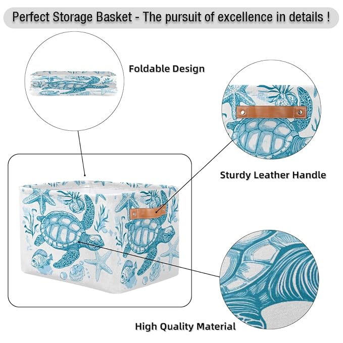 Sea Turtle Storage Baskets for Organizing, Fabric Collapsible Storage Bins Box Ocean Animal Fish Decorative Toy Organizer Baskets for Closet Shelves Gift Basket 2Pcs