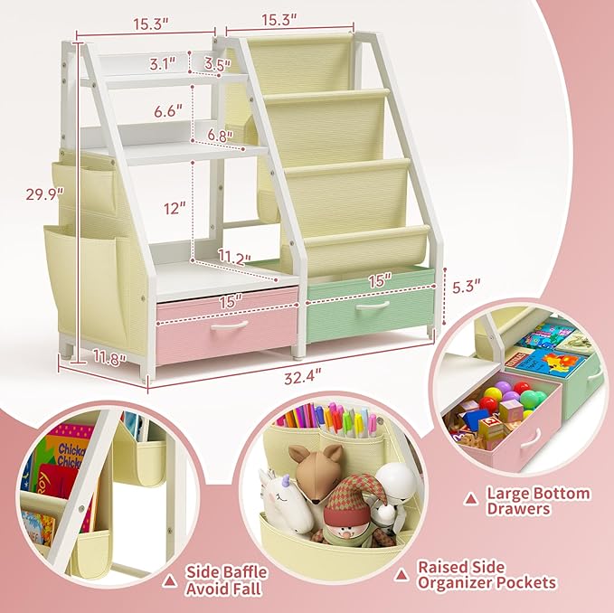 Kids Bookshelf and Toy Storage, Sturdy 3 Tier Kids Bookcase, Sling Bookshelf and 2 Toy Boxes, Toddler Montessori Bookshelf with Toy Organizer, for Kids Room, Game Room, Nursery