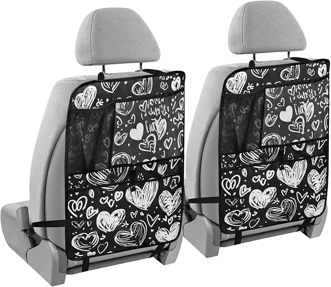 White Dodle Hearts 2 Pack Backseat Car Organizer with Storage Pockets Seat Back Organizers for Kids Kick Mats Backseat Protector Automotive