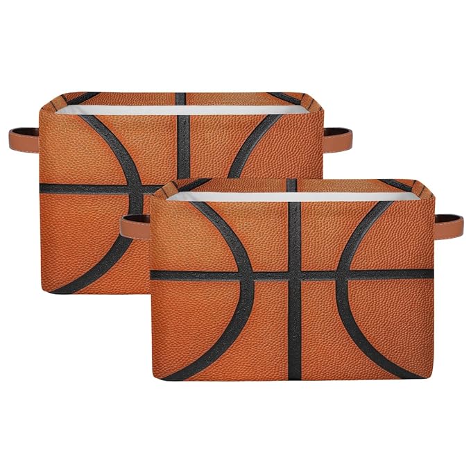 Basketball Texture Storage Baskets for Organizing, Fabric Collapsible Storage Bins Box Sport Pattern Decorative Toy Organizer Baskets for Closet Shelves Gift Basket 2Pcs
