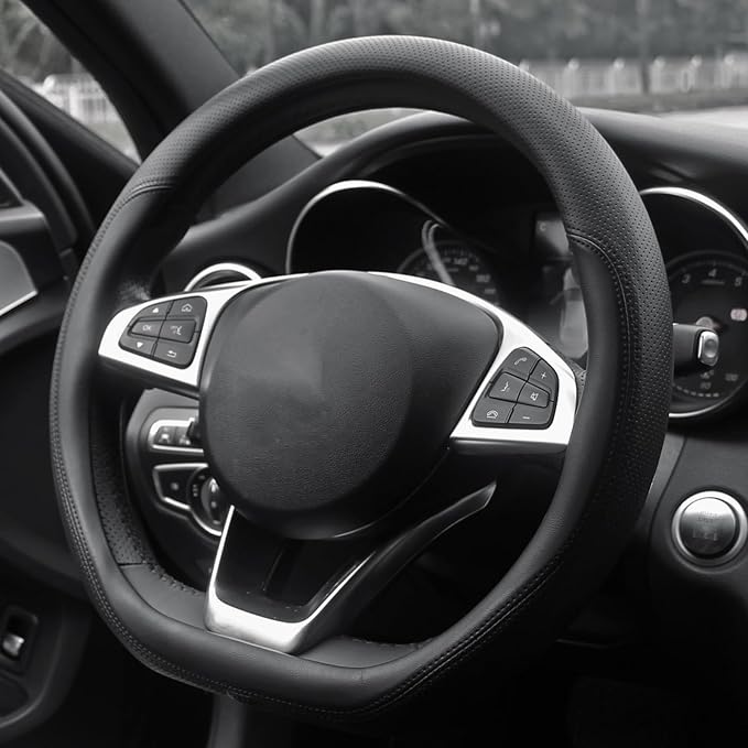 D Shaped Steering Wheel Cover, Flat Bottom Car Wheel Cover 14 1/2-15 inch (37-39 cm), Breathable Microfiber Leather, Black