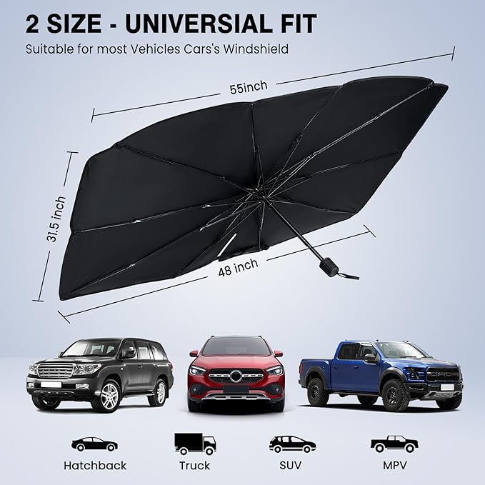 Windshield Sun Shade Umbrella - Car Sun Shade Windshield, Foldable Car Window Shades, Reflector Sunshade Offers Ultimate Sun Protection for Hatchback, Truck, SUV, MPV