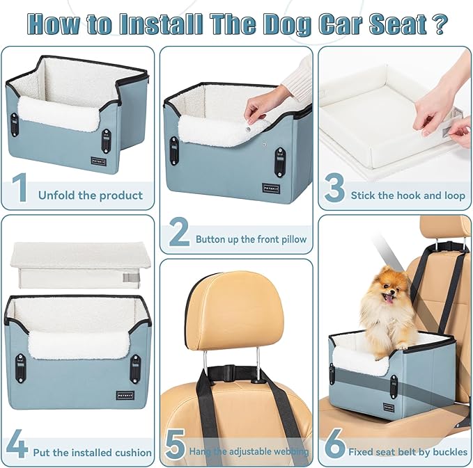 PETSFIT Dog Car Seats for Small Dogs – Patented Safety Buckles – Safety Tether – Foldable Travel Dog Booster Car Seat Reduces Anxiety & Road Trips – Stable Frame, Fits Front/Back Seat (Mint Green)