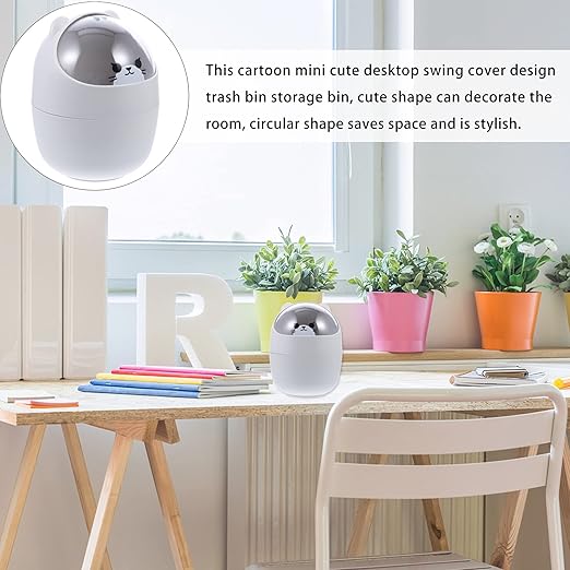 Homoyoyo Cartoon Desktop Trash Can with Lid Desktop Trash Can Cute Cartoon Table Garbage Storage Can Desktop Mini Kawaii Cute Trash Bin Mini Trash Bin with Shake Lid for Desk Car Office Kitchen- White