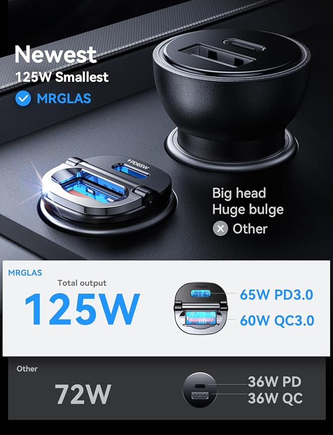 MRGLAS 125W Fast iPhone 17/16 Car Charger, USB C Car Charger with Type C Cable, PD65W & QC65W, Flush Fit, All Metal, Cigarette Lighter USB Adapter for iPhone 17 16 Samsung S26 S25 Ultra Pixel 10