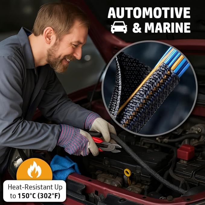 MGI SpeedWare Braided Split-Sleeve Wire Loom for High-Temperature Automotive Harness and Home Cable Management 10 feet (3/4")