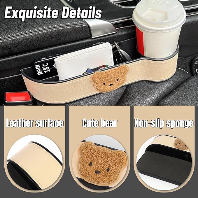 2 Pack Leather Cup Holder for Car Seat Gap Organizer Cute Bear Multifunctional Car Seat Storage Box for Mug Phone Keys Black