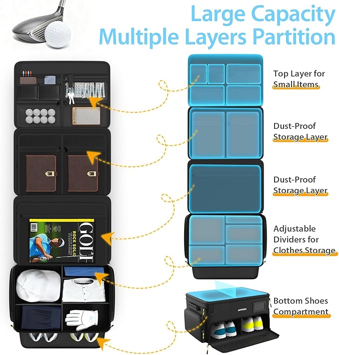 4-Layer Golf Trunk Organizer, Golfer Gifts for Men Women with Separate Ventilated Compartment for 2 Pairs Shoes, Waterproof Car Golf Locker Storage Bag for Golf Gear and Accessories,Black