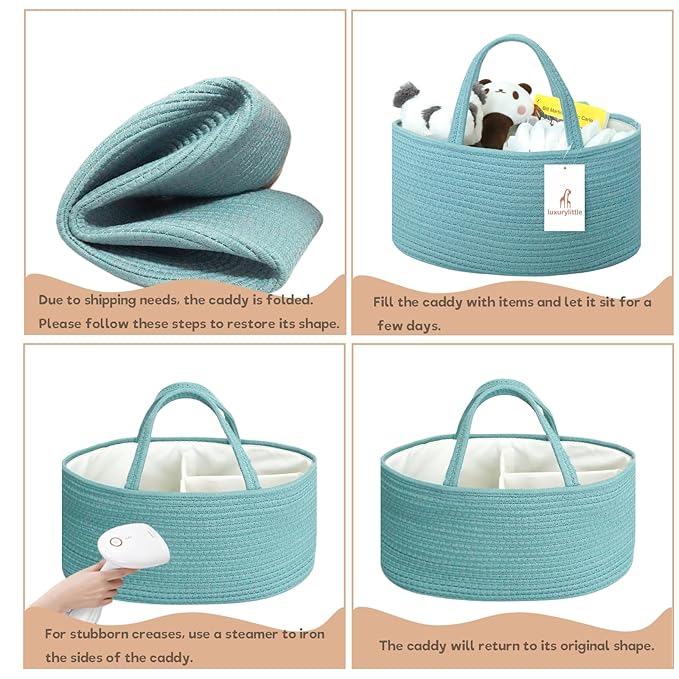 luxury little Diaper Caddy Organizer, Large Cotton Rope Nursery Baby Basket, Changing Table Organizer for Baby Diaper Storage, Portable Car Organizer Removable Divider (Lake Blue, Large)