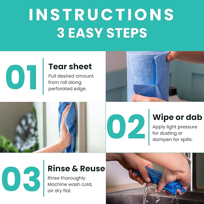 Microfiber Cleaning Cloth Roll Tearaway, 50 PCS Tear Away Towels, Reusable & Washable, Ultra Absorbent 12" x 5.5" Dish Rags for Car, Home, Kitchen, , 200 GSM Thickness, Paper Towel Alternative