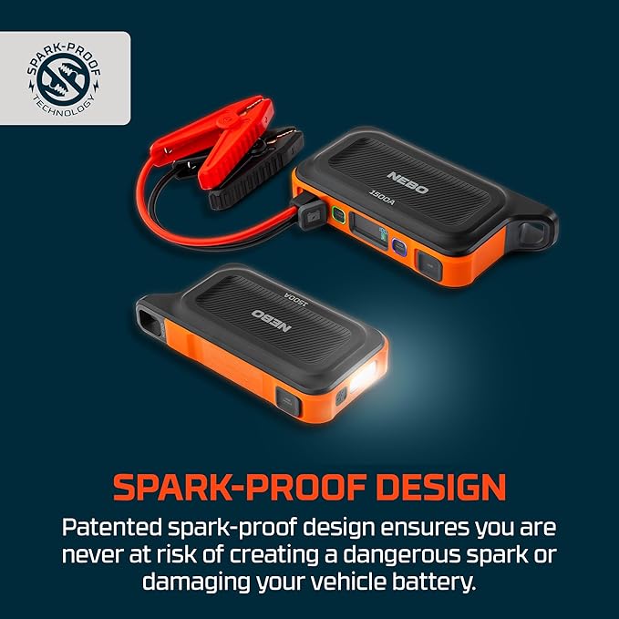 NEBO 1500A Jump Starter | 1500 Amps, 29.9Wh Power Supply, Portable Jump Box, Restarts 12V Trucks & SUVs Car Battery, Integrated Emergency Floodlight, USB Multi-Device Charging, Spark-Proof Safety