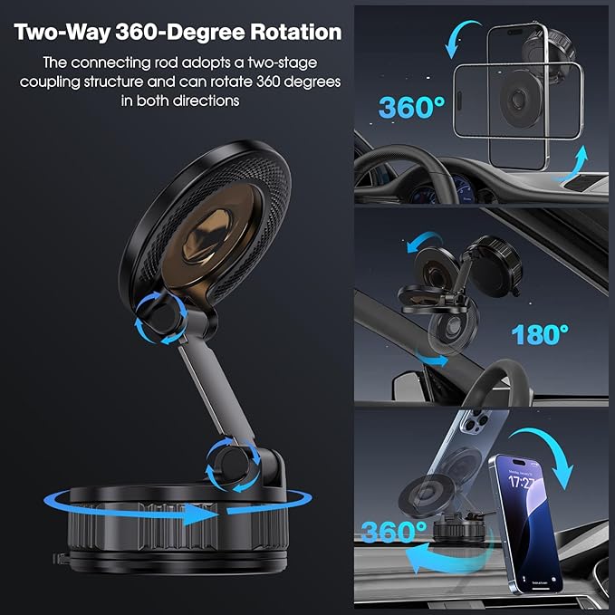 Jikasho Vacuum Magnetic Car Phone Holder for Magsafe, Hands-Free 360° Adjustable Suction Cup Phone Mount for Car/Gym/Mirror/Smooth Surface, Compatible with iPhone & Android (Black-360° Rotating Base)