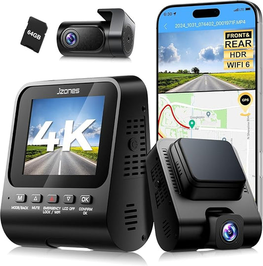 4K Dash Cam Front and Rear, 2 Channel Car Dash Camera with HDR, WiFi 6, Built-in GPS, Night Vision, 170° Wide Angle, G-Sensor, 24H Parking Mode Support, 64GB Card Included