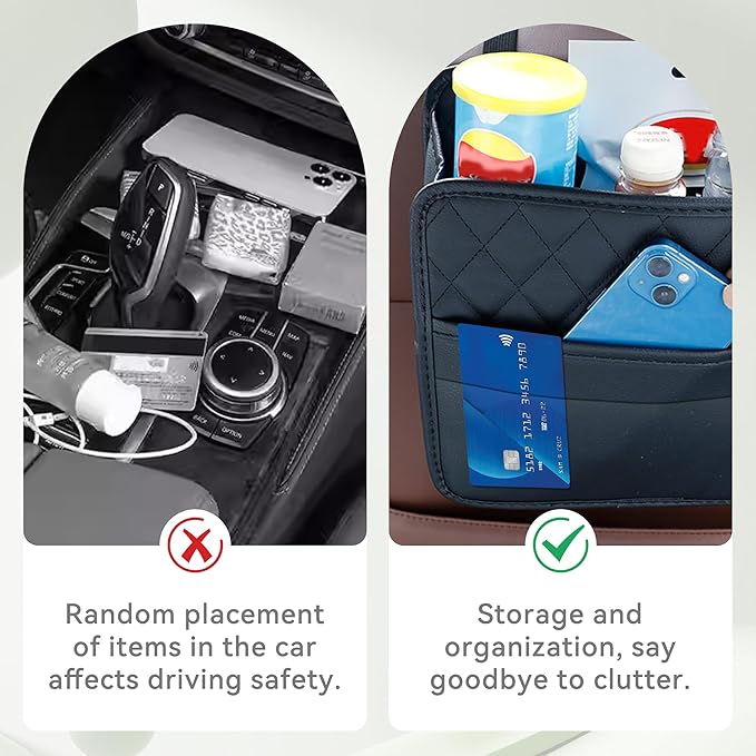 Car Seat Back Hanging Bag, PU Leather Automotive Seat Back Organizer, Multipurpose Vehicle Travel Essentials Accessories for Kids & Adults, Universal for Most Cars (Black)