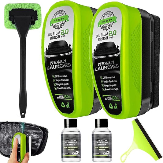 2026 Upgrade Clear Vision Windshield Cleaner, Clear Vision Glass Cleaner, Reusable Oil Film Cleaning Brush for Car Windows, Crystal-Clear View in Any Weather, Prevents Rain and Fog (2, 2.0 Green)