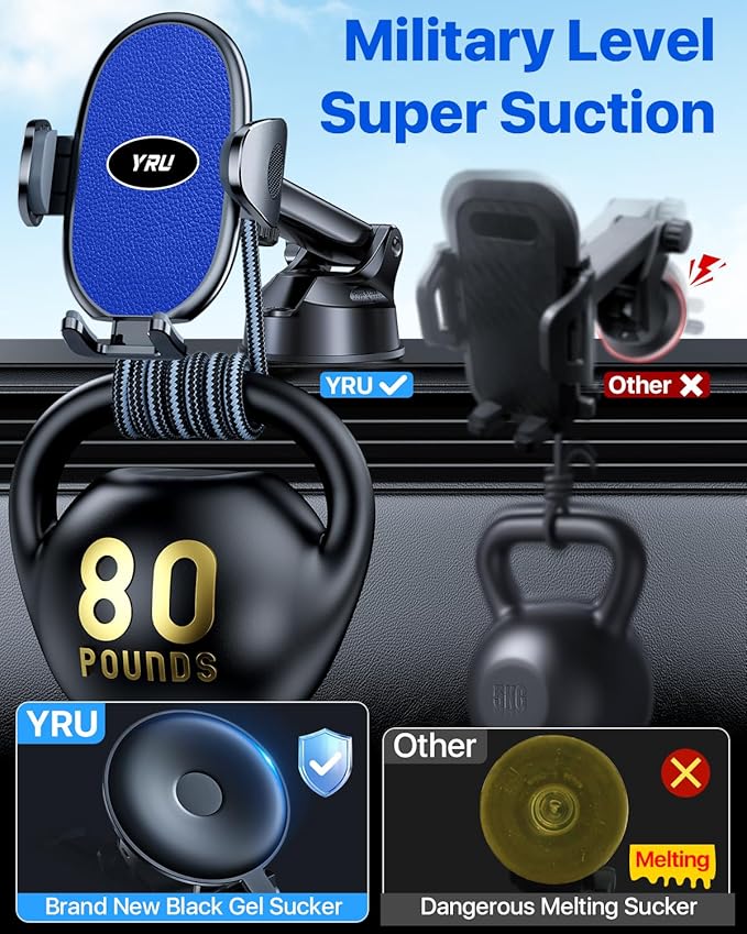 YRU Upgraded Universal Car Phone Holder Mount【360°Rotatable & Strong Suction】 Cell Phone Car Dashboard Windshield Phone Holder Dash Vent Stand for iPhone 17 16 Pro Max Samsung Truck, Light Blue