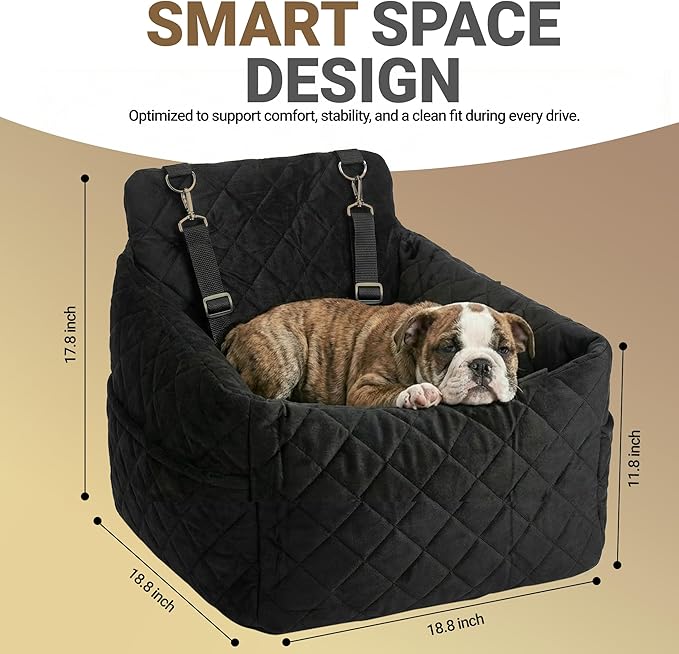 Elevated Dog Car Seat for Small/Medium Dogs up to 35 lbs, Memory Foam Pet Booster Seat with Detachable Washable Cover, Portable Travel-Safe Bed for Cars with Safety Belts and Storage Pockets