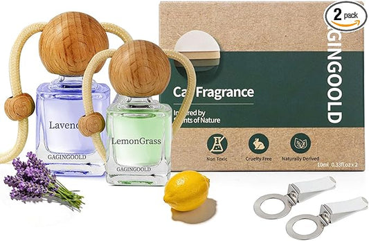 Car Air Freshener Hanging 2 Pack, Lavender & Lemon Grass Scent Essential Oil Diffuser Long Lasting Up to 150 Days, Cute Car Accessories with 2 Vent Clip for Women Men Gift, Odor Eliminator