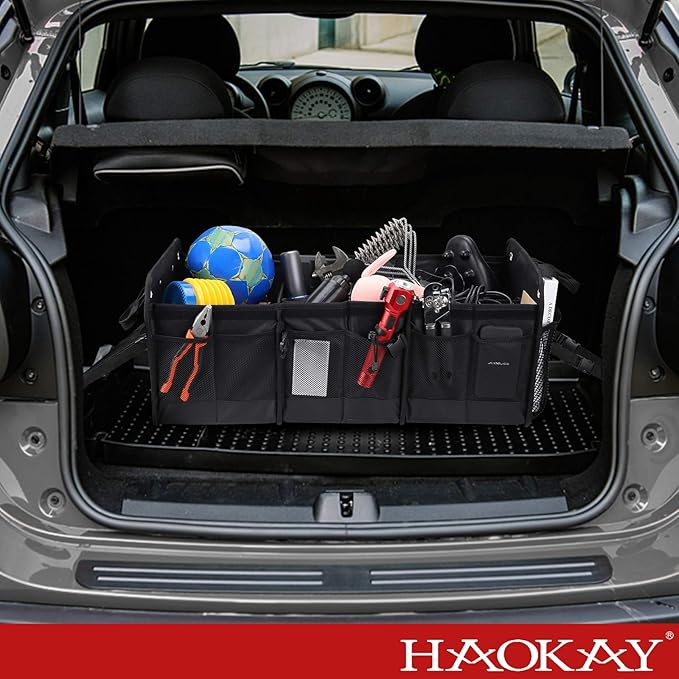 HAOKAY Car Trunk Organizer with Lid，Heavy Duty Extra Large Premium Black Oxford Multi Compartments Collapsible trunk organizer for SUV, Van, Truck, Sedan, Jeep （90L