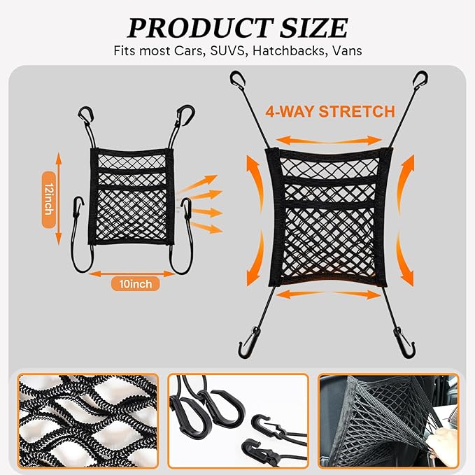 Car Net for Dogs, Dog Barrier for SUV Black 3-Layer Four-Sided Stretchable Dog Net for Car Back Seat with Storage Mesh – Easy Install, Pets Fits Most Cars & SUV