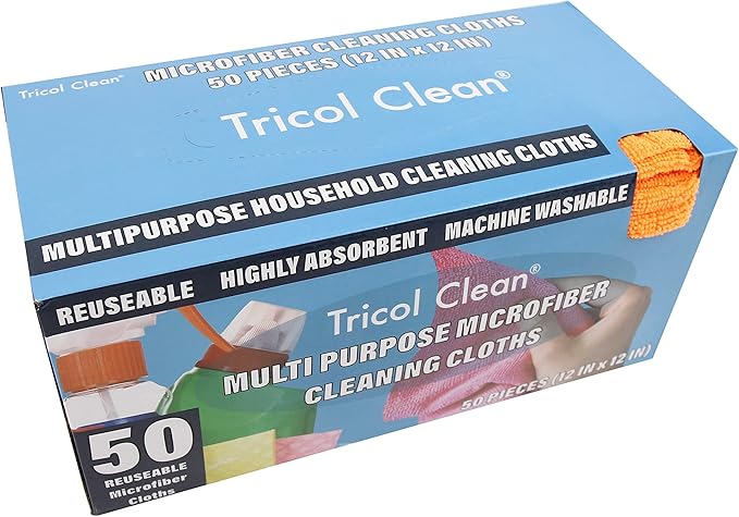Tricol Clean Profesional Resuable Lint Free Microfiber Edgeless Cleaning Cloth Rag 50PK in Dispenser Box for Housekeeping, Car Cleaning (12 * 12 Inches), White