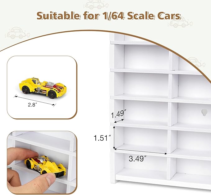 Toy Car Storage Display Case, 72 Slots Model Car Display Shelf for 1/64 Scale Toy Cars, Wall Mount Organizer Rack for Diecast Models (White)