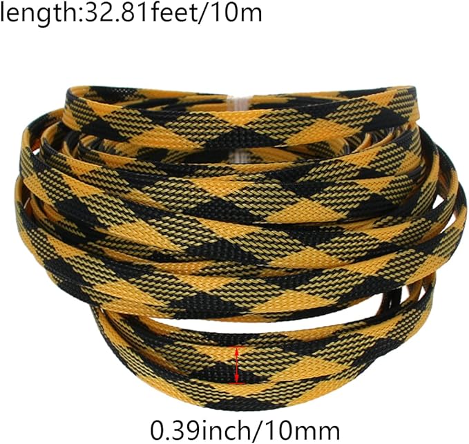 Aicosineg Cable Sleeve Braided Sleeving PET Wire Loom Tubing Cable 32.81ft-2/5inch Wrap Protector for HiFi Audio and Video Headphone Cable Protect Wires from Chewing of Pets Black and Yellow