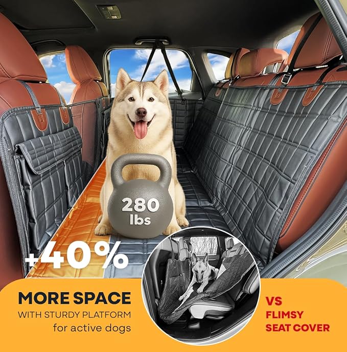 APetsPlanet Backseat Extender for Dogs, Dog Seat Cover Hard Bottom for Car Backseat & Truck Travel Bed, Platform Hammock Mat Converts Rear Seat Into Backseat Bed, Black Leather with Door Covers