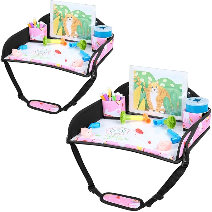 COOLBEBE Kids Travel Tray for Toddler Car Seat, Travel Tray for Airplane, Toddler Car Seat Lap Tray, Carseat Table Tray for Kids (Pink Unicorn, 2Pack)