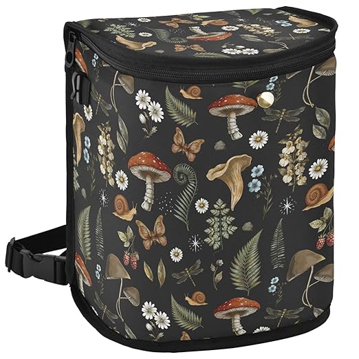 Mushrooms Car Trash Can Vintage Flower Butterfly Dragonfly Car Garbage Bag with Lid Hanging Waterproof Leak Proof Vehicle Storage Bin